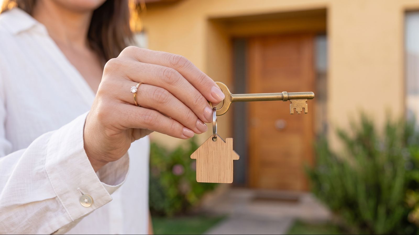 Mujer sosteniendo la llave de su casa