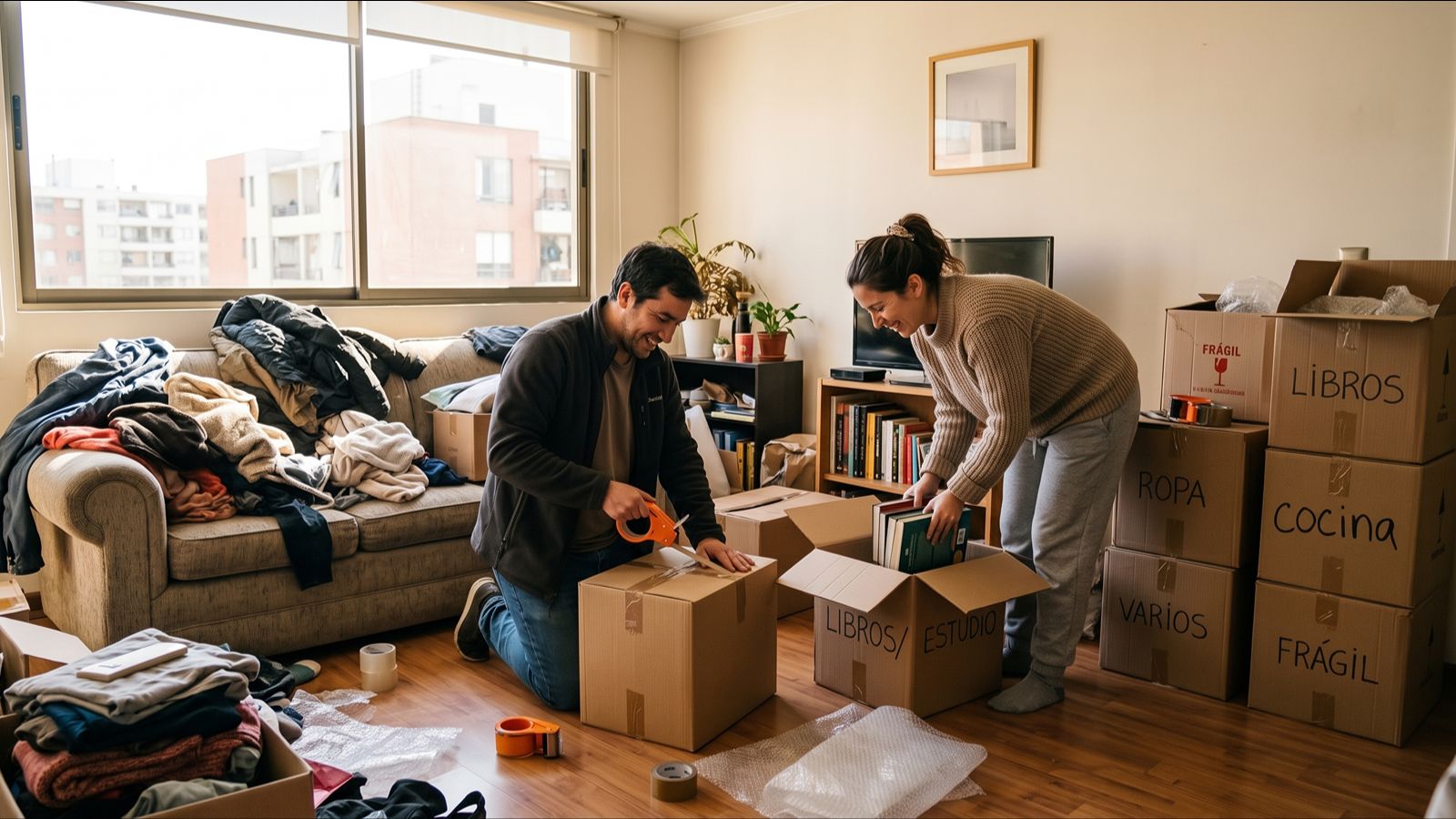 Pareja embalando sus pertenencias en cajas de mudanza