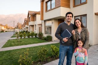 familia papá, mamá e hija afuera de una nueva casa