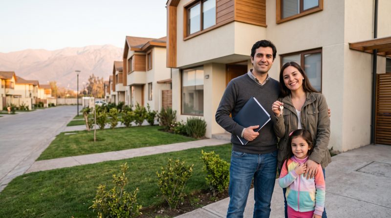 familia papá, mamá e hija afuera de una nueva casa