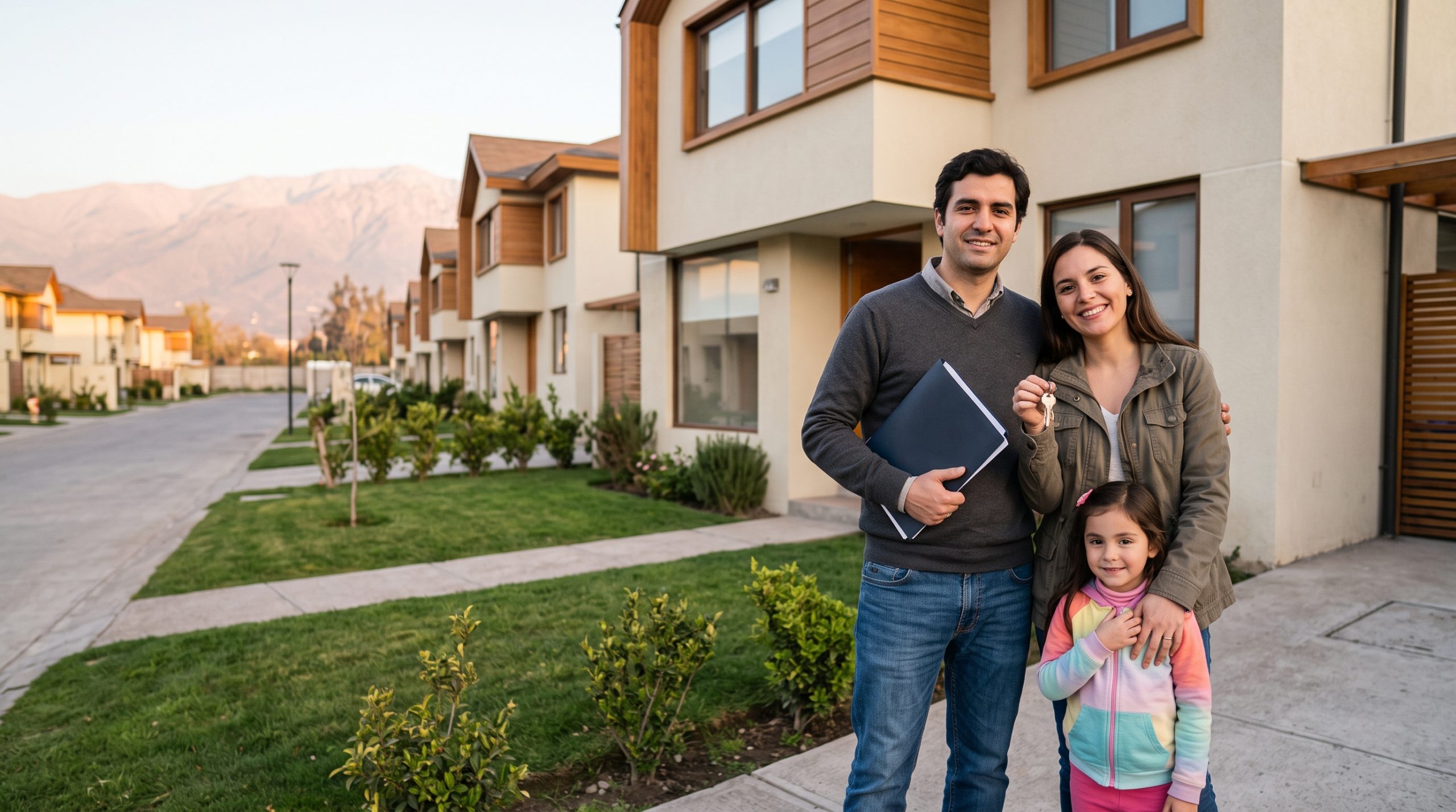 familia papá, mamá e hija afuera de una nueva casa
